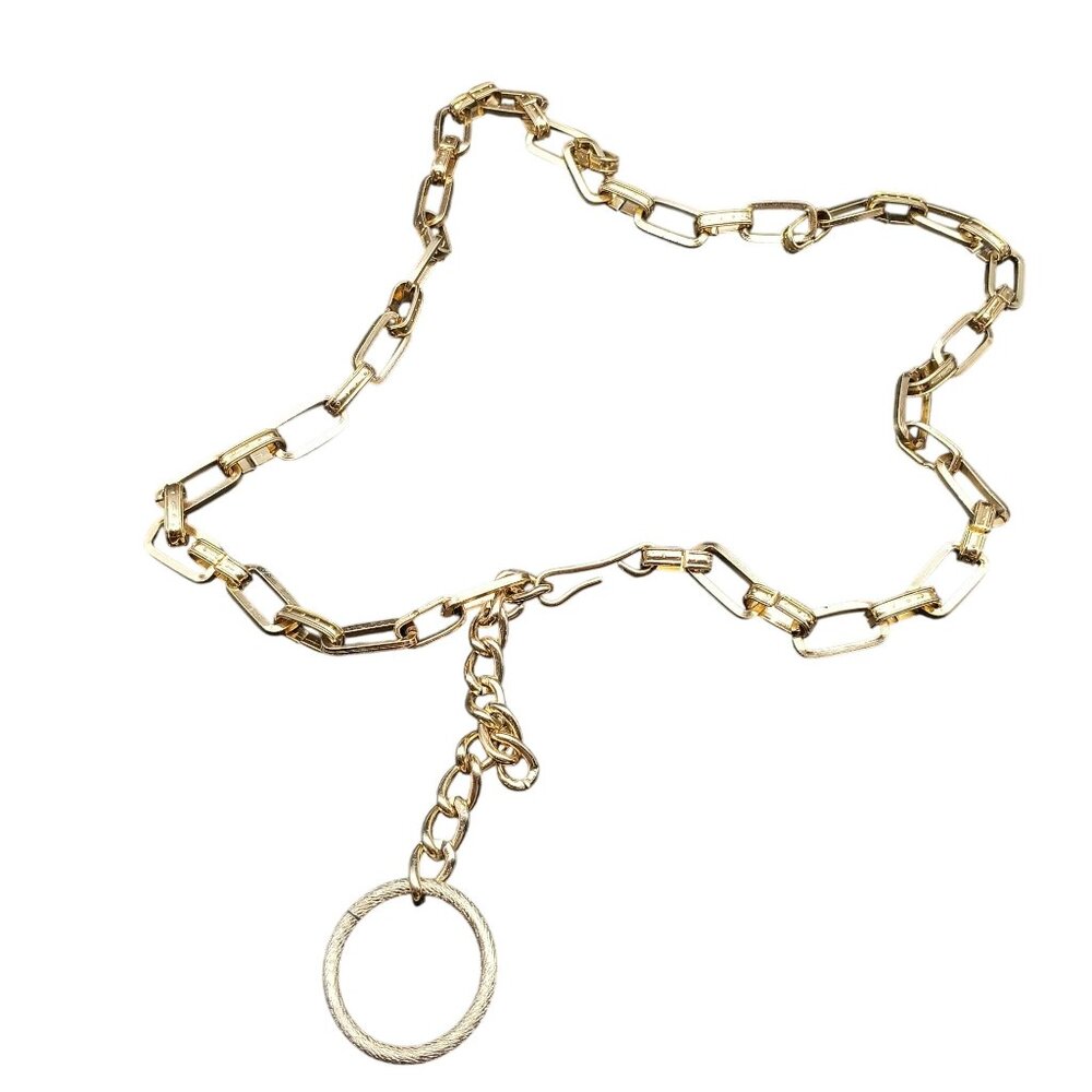 Vintage Gold-Tone Eloxal Chain Link Belt with Textured Circular Charm Accessory